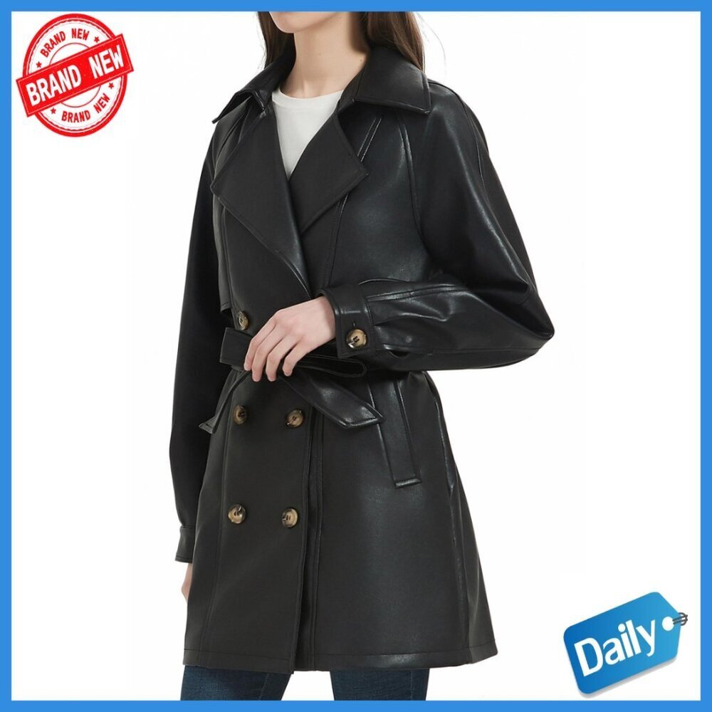 Faux Leather Trench Coat with Belt, Double Breasted, Mid Length Jacket
